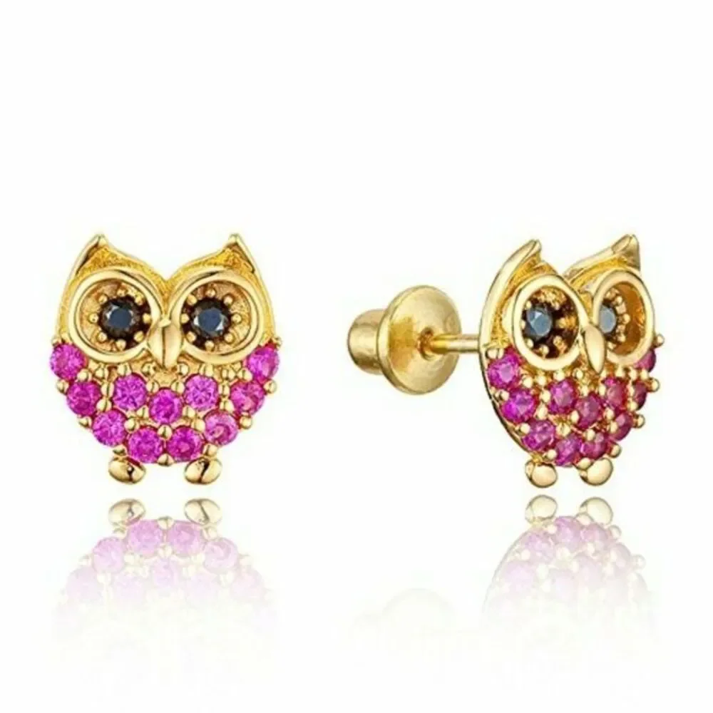14k gold plated Red Owl CZ Girls Earrings